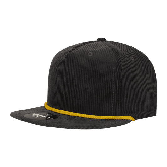 A high-profile, relaxed black corduroy hat with a yellow rope detail and a logo on the front.