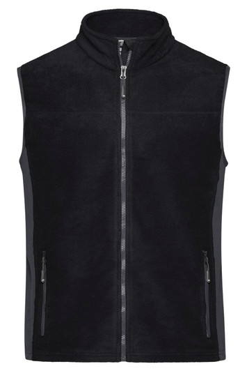 A black fleece vest featuring a zip front and side pockets, with a high collar. It includes a logo on the front.