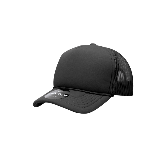 A black 5-panel mid-profile structured foam trucker cap with mesh sides and a circular logo.
