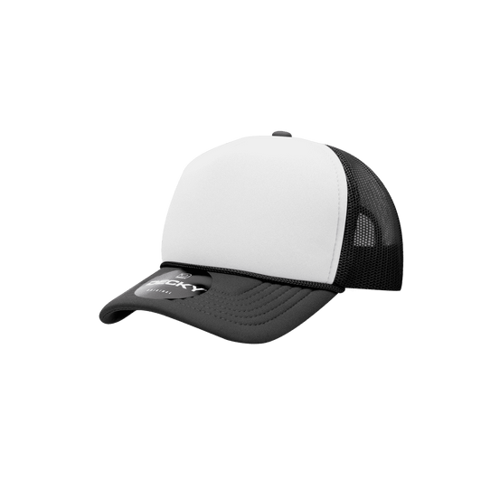 A grey and white structured foam trucker cap featuring a mesh back and a branded tag on the visor.