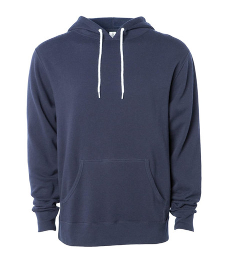 A unisex lightweight pullover hood in navy blue with a front pocket and a drawstring hood. Features a logo.