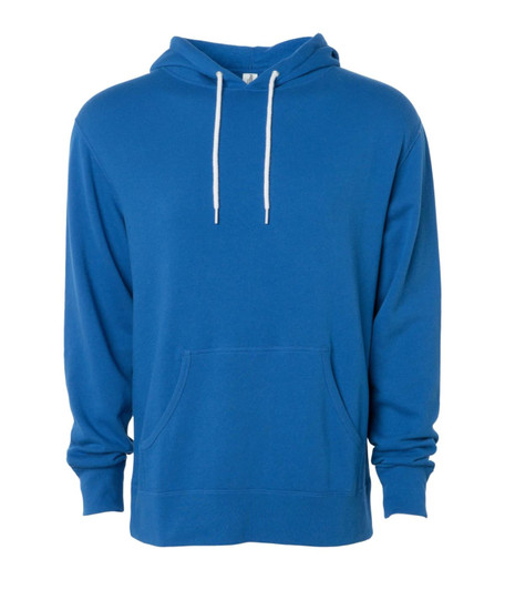 A unisex lightweight pullover hood in bright blue with a front pocket and white drawstrings, featuring a logo.