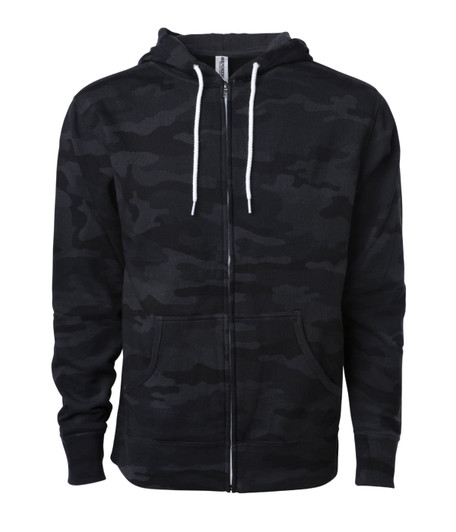 A unisex lightweight zip hood in a black camouflage pattern, featuring a front zipper and two pockets.