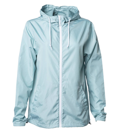 A light blue men's lightweight windbreaker zip jacket with a hood and front pockets. It features a logo on the sleeve.