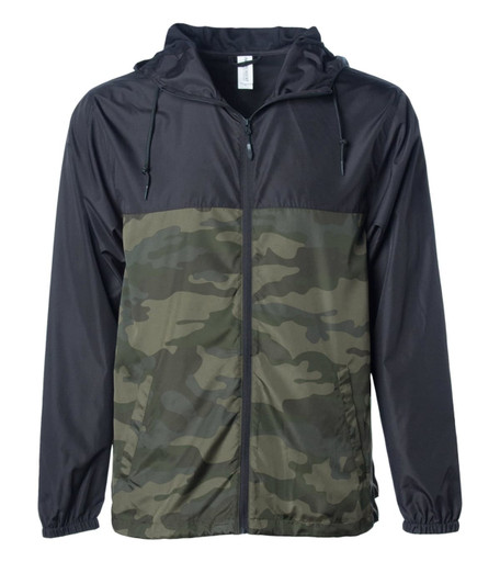 A lightweight windbreaker zip jacket in black and camouflage green, featuring a hood and front zip closure.