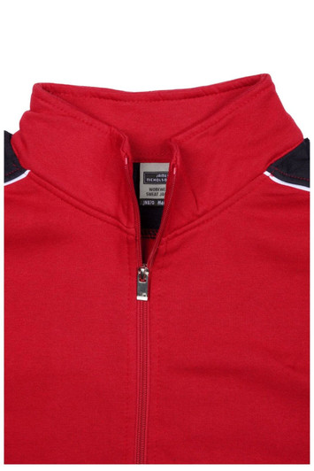A red men's workwear sweat jacket featuring a zippered front and black shoulder details. It has a logo on the label.