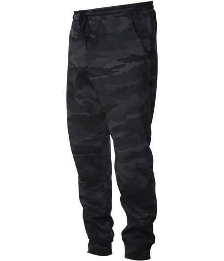 A pair of men's midweight sweatpants in a black camouflage pattern, featuring an elastic waistband and cuffs.