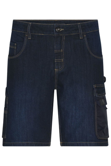 Dark blue stretch Bermuda jeans with multiple pockets and a branded logo.