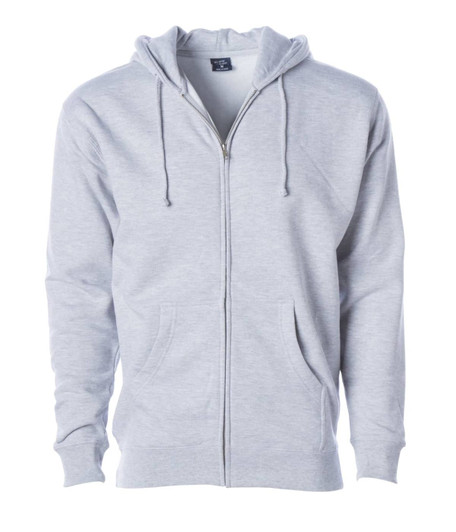 A grey heavyweight zip hoodie featuring a drawstring hood and front pockets, with a logo on the label.