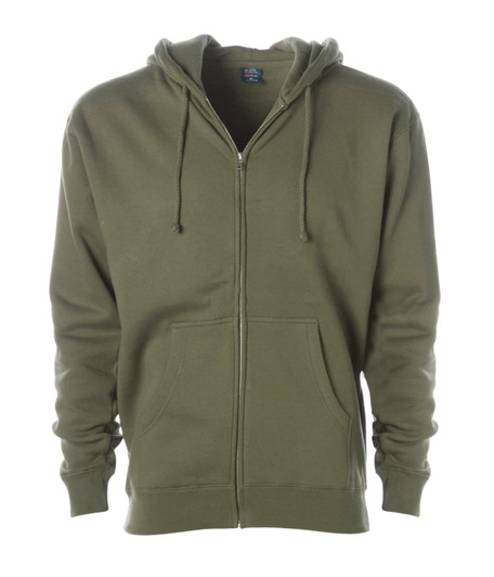 A men's heavyweight zip hoodie in olive green featuring a front pocket and an adjustable hood. It has a logo.