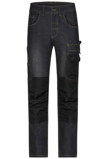 Stretch jeans in dark denim with contrasting black panels and multiple pockets, featuring a logo on the waistband.
