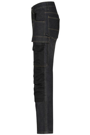 A pair of black stretch jeans featuring cargo pockets and a slim fit design. The jeans have a side profile view.