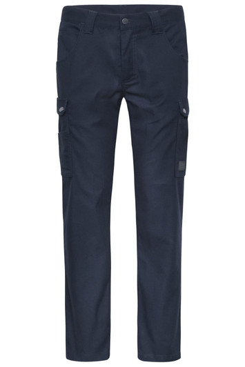 Navy blue cargo pants featuring side pockets and a logo, ideal for workwear.