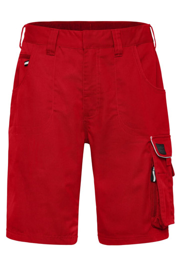 Red workwear bermudas featuring multiple pockets and a utility design, suitable for various work environments.