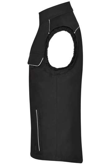 A black softshell light vest featuring a sleeveless design, decorative seams, and a logo on the chest area.