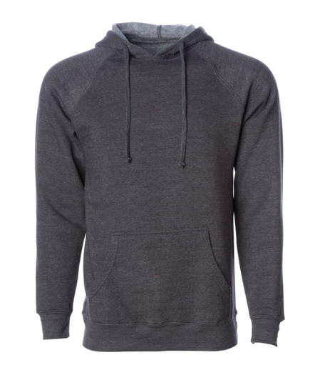 A unisex pullover hoodie in a dark grey colour, featuring a front pocket and a drawstring hood.