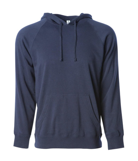 A navy unisex pullover hoodie with a kangaroo pocket and a hood, featuring raglan sleeves and a logo.