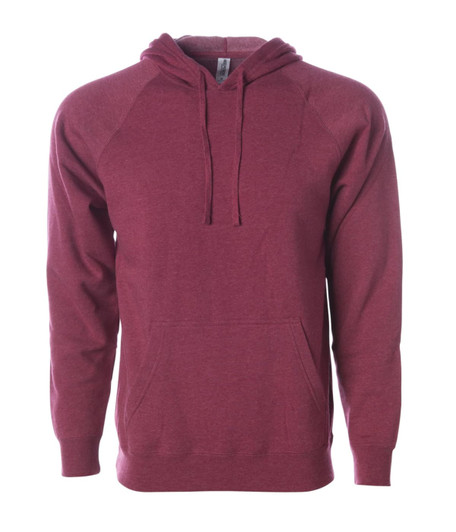 A unisex maroon pullover hoodie with a front pocket and an attached hood. It features a logo on the label.