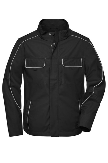 A black softshell light jacket featuring white trim and multiple pockets, with a logo on the front.
