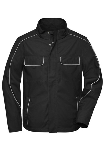 A black softshell light jacket with white piping and multiple pockets, featuring a collar and a logo.