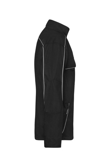 A black softshell light jacket with a side view, featuring a zipped pocket and a logo.