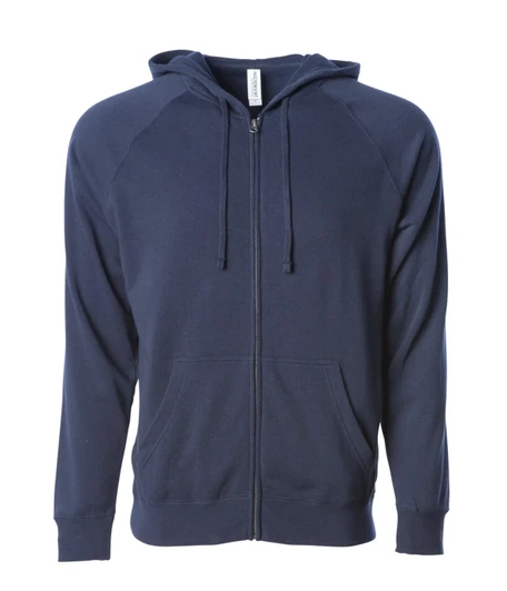 A navy unisex zip-up hoodie featuring a hood and front pockets, with a branding logo.