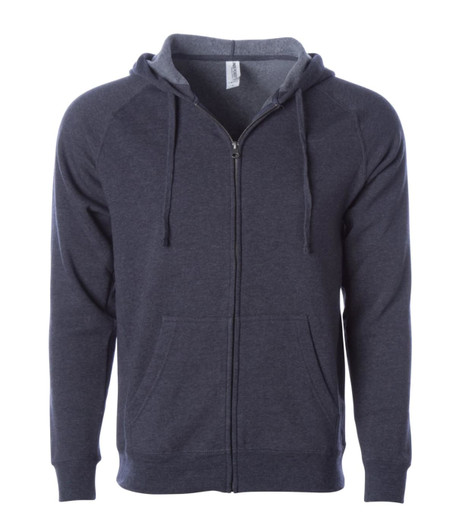 A unisex zip hood in a navy blue shade with a front zipper and two pockets. It features a hood and has a logo.