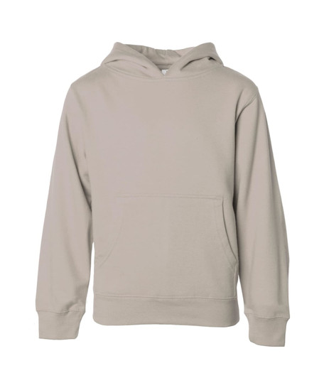 A boys' basic hood in a light beige colour, featuring a front pocket and a hood. The design includes a logo.