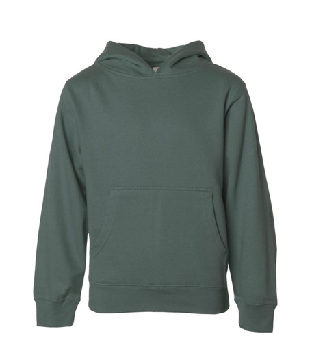 A green hoodie featuring a front pocket and a hood, designed for boys. It has a simple style with long sleeves.