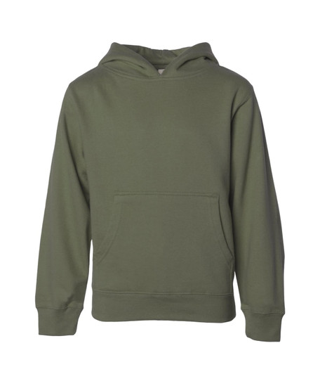 A basic boys' hooded sweatshirt in olive green, featuring a front pocket. It includes a hood and long sleeves.