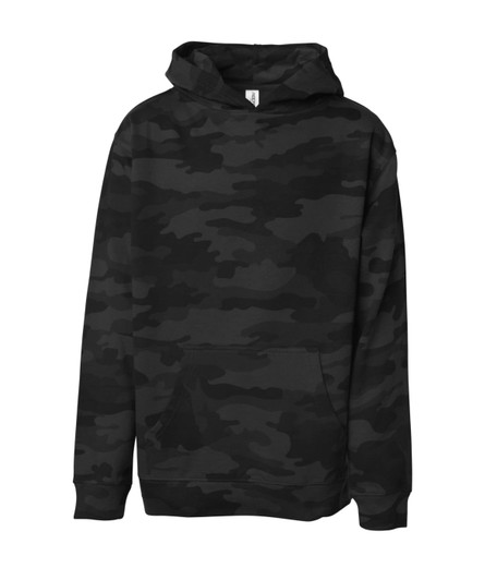 A black camouflage hoodie featuring a front pocket and a hood, with a logo on the label.