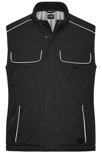 A black softshell padded vest with contrasting white piping and multiple front pockets. Features a logo.