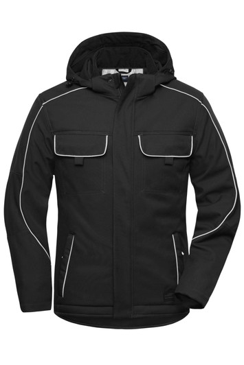 A black padded softshell jacket featuring a hood, multiple pockets, and contrasting white piping. It has a logo visible.