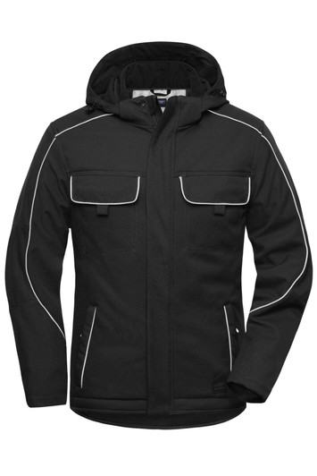 A black padded softshell jacket with a hood, featuring white piping and multiple pockets. The jacket includes a logo.