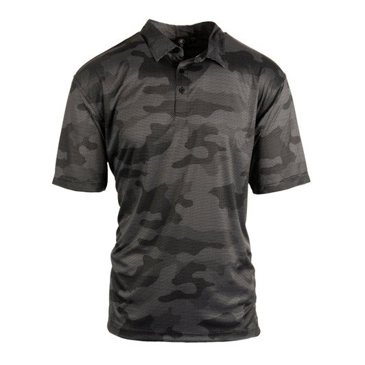 A dark grey camo golf polo with a collared neck and short sleeves, featuring a logo.