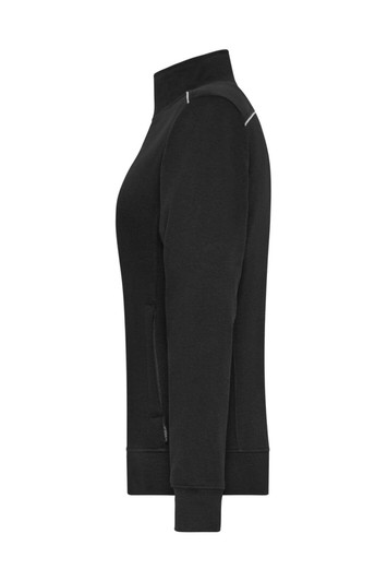 A black ladies' workwear sweat-jacket featuring a side profile with a sleek design and a logo on the chest.