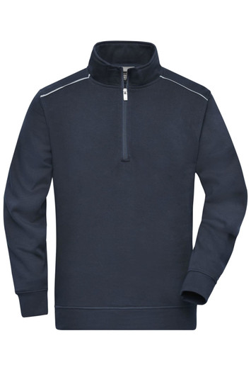 A navy blue half-zip sweatshirt with a high collar and contrasting stitching, featuring a logo.