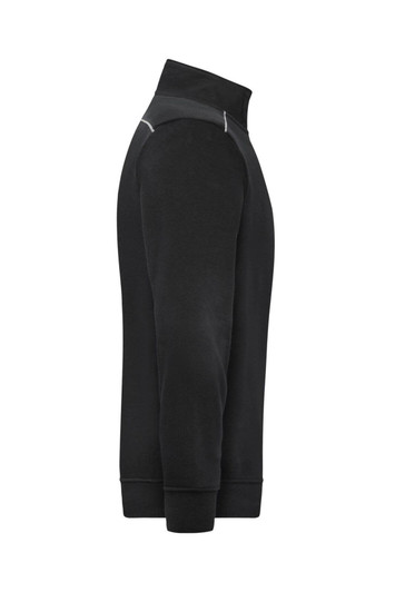A black half-zip work jumper featuring a high collar and reflective detailing, designed for comfort and durability.