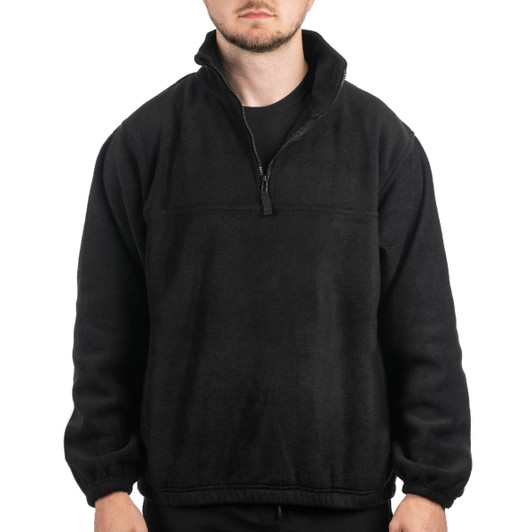 A black 1/4 zip polar fleece pullover, featuring a high collar and a half zip closure, worn by a model.