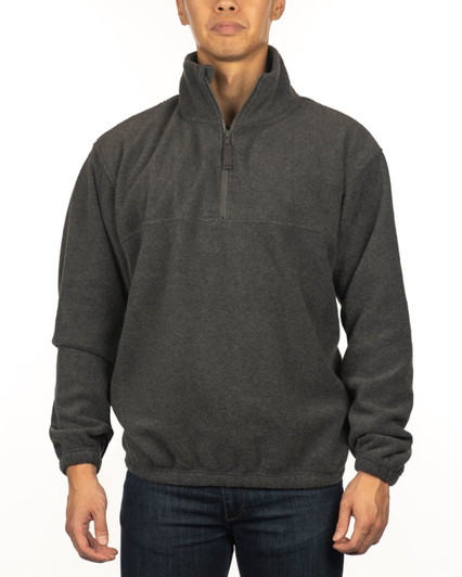 A grey 1/4 zip polar fleece pullover featuring a stand collar and elastic cuffs, on a model standing against a white background.