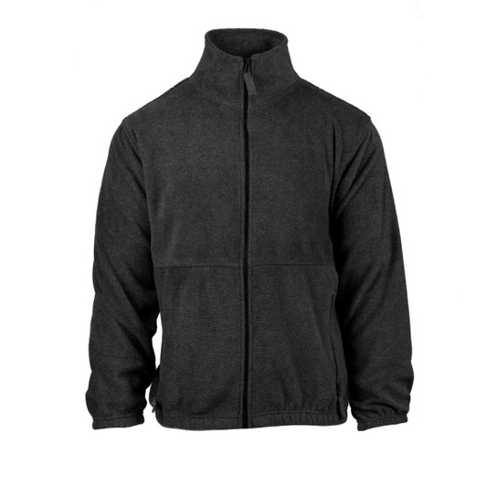A full zip polar fleece jacket in dark grey, featuring a collar and two front pockets. It has a small logo on it.