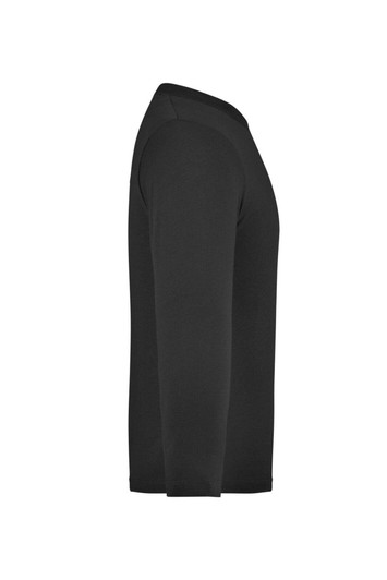 A black long-sleeve junior shirt displayed from the side, featuring a simple design and a logo.