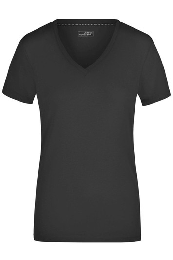 A black ladies' stretch V-neck T-shirt with short sleeves and a branding logo.
