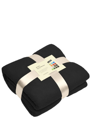 A folded black fleece blanket wrapped with a ribbon and a label. Features a logo and comes in various colours.