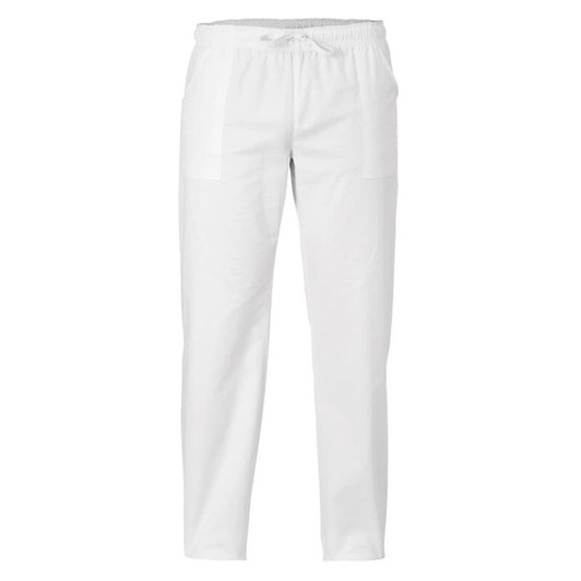 White pants with an elastic waist and pockets, featuring a simple design. The product has a logo on it.