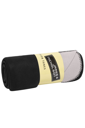 A rolled-up bonded fleece blanket in black and grey with a logo on the packaging.