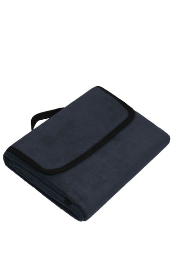 A dark blue picnic blanket folded with a black trim and strap for easy carrying.