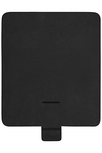 A black picnic blanket with a small flap at the bottom. The blanket has a simple design and features a logo.