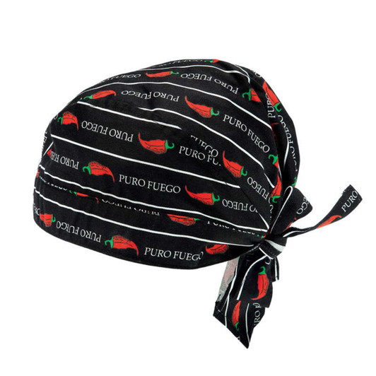 A black bandana featuring red chilli peppers and white text, tied at the back with a decorative knot.