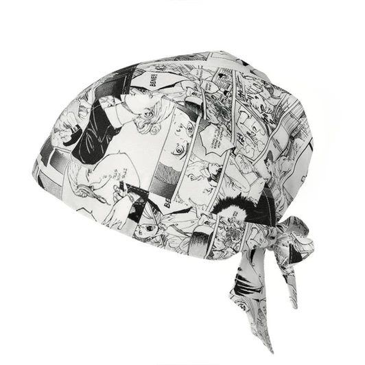 A bandana featuring a black and white comic print, tied at the back. It has a lightweight, fabric design.